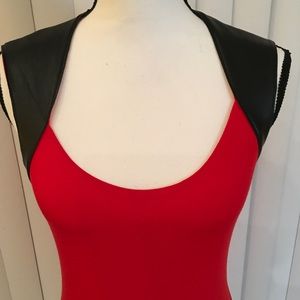 Bailey 44 red sleeveless blouse with black leather trim on top